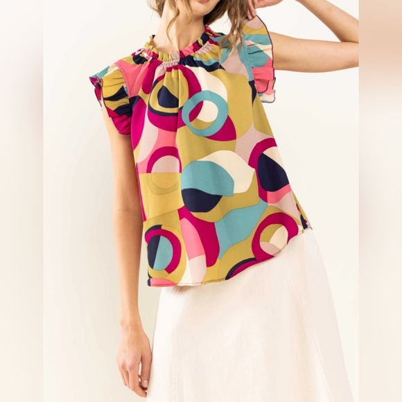 Boho Chic Multi Color Print Sleeveless Ruffle Neck Top NWOT - Picture 3 of 8